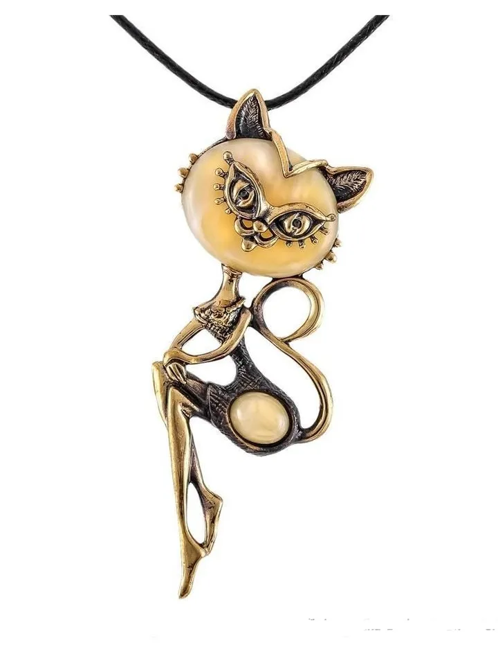 Lady cat pendant necklace gold and yellow amber jewelry Gift for women to beloved girl Bohemian statements jewelry handmade in vintage style