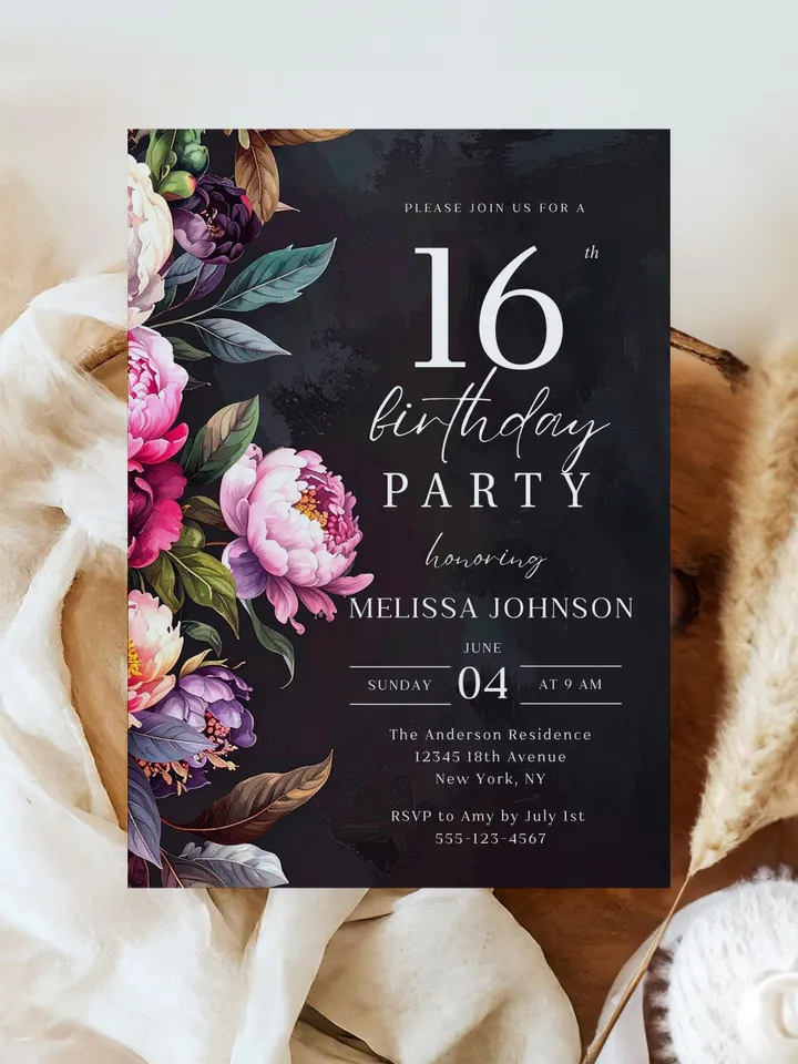 16th Birthday Invitation for girl or boy – Moody Burgundy & Blush Peony Floral Invitation Elegant Dark Birthday Party Invite Canva Template