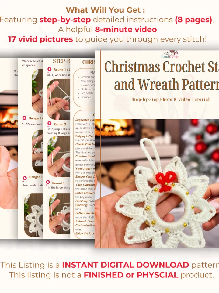 Christmas Crochet Star and Wreath Pattern - Christmas Decoration & Holiday Ornament - Christmas Tree Decor for Beginners