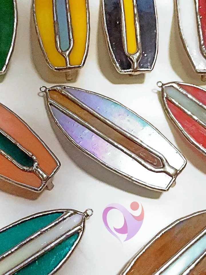 Real Stained Glass Surfboard Pendant Car Charm Mini Suncatcher for Rear View Mirror Cute Bag or Purse Charm Accessory Strong and Unique