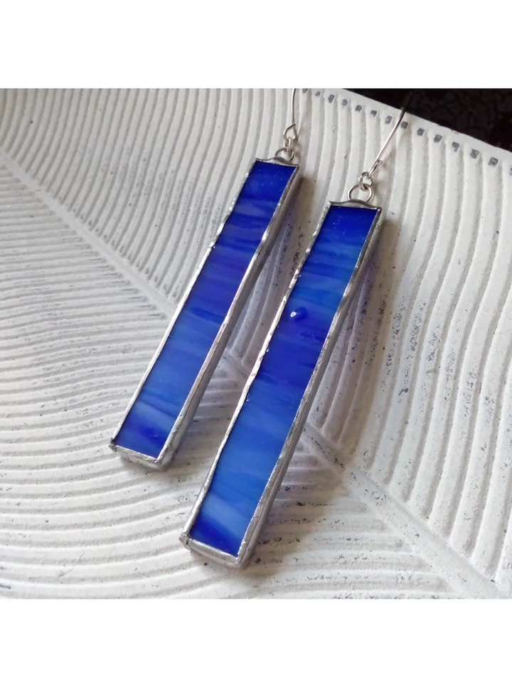 Glass blue geometric earrings, Simple Stained glass, rectangle earrings, Minimalist earrings, Dangle minimalism earrings