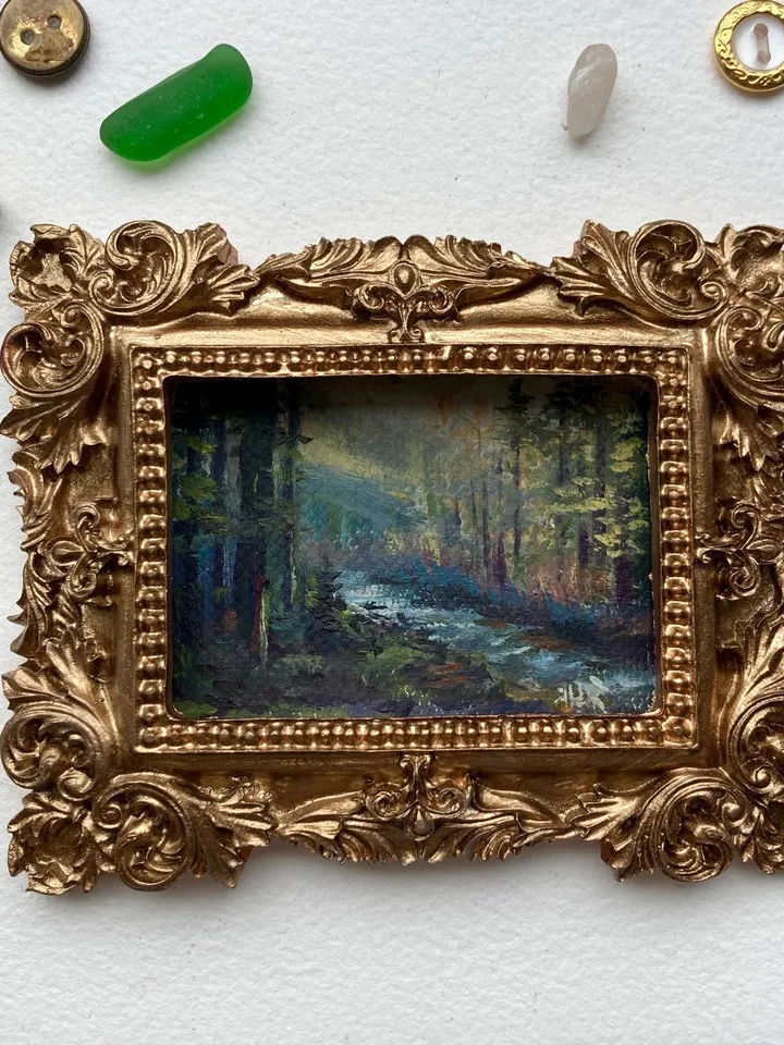 Small Landscape Painting Framed Original Enchanted Forest Painting Antique Misty Art Coastal Gold Frame Tiny Paintings 3 x 4 Art Dark Cottagecore artwork