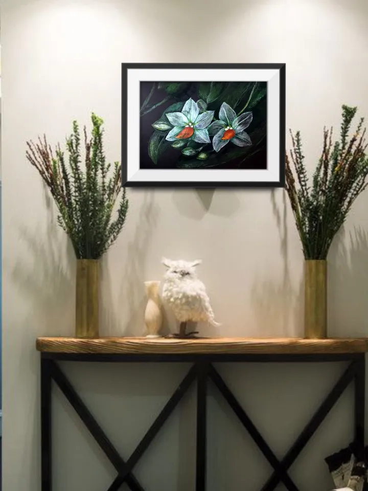 Orchids painting,White orchid flowers on black background, home decoration,original watercolour painting,framed.