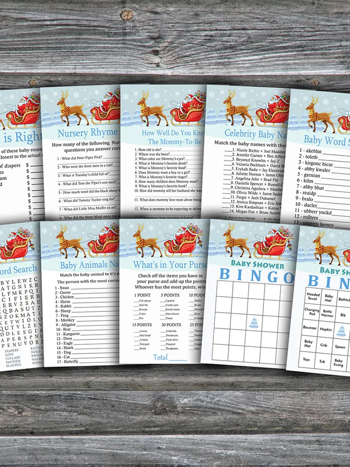 Santa carriage baby shower games bundle,Christmas Baby Shower games package,Fun Baby Shower Games,9 Printable Games-273