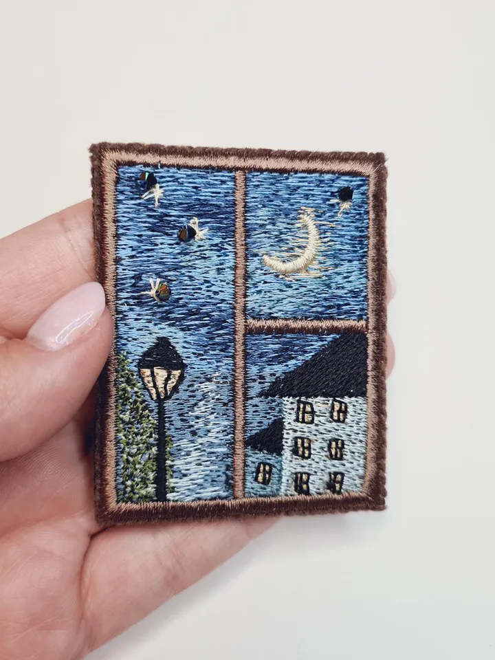 Machine embroidery design for art therapy: Brooch "Window night landscape"