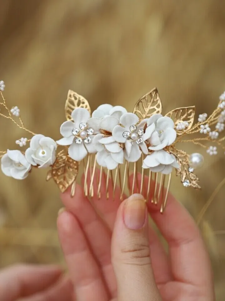 Gold Ivory Flowers Boho Wedding Hair Comb, Leaf Bridal Headband, Wedding Hair Accessories, Hair Pins, Bridal Jewelry Set, Bridesmaid gift