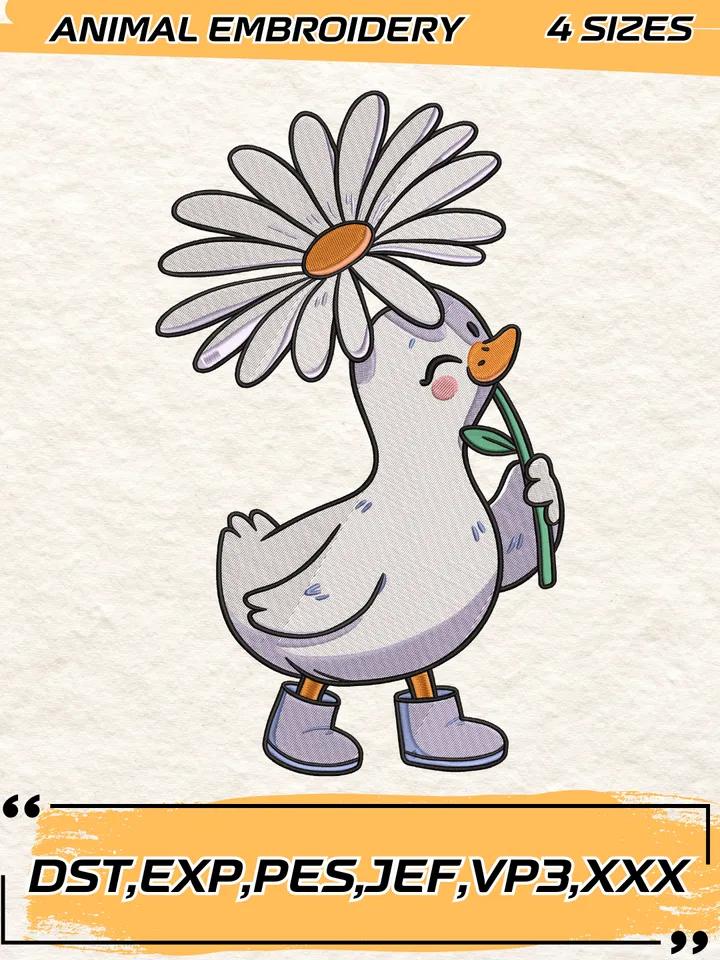 Goose Flower Embroidery Design,Animal Embroidery Design, Silly Goose Design,4 Sizes,Digital Download