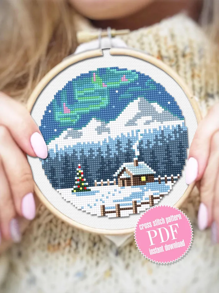 Northern lights cross stitch pattern PDF download Winter landscape cross stitch, Christmas pattern digital PDF, Winter house in forest #N165