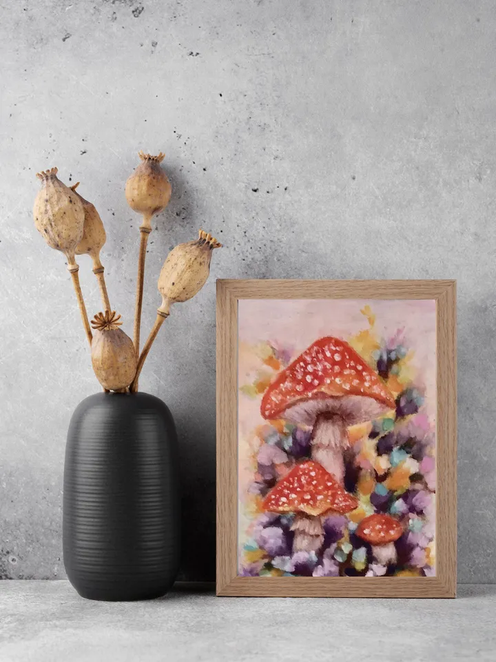 Fly agaric Mushroom painting original art, Mini mushroom painting, Pastel mushroom drawing