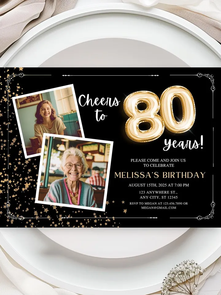 80th Birthday Invitation with Photo Adult Women's Cheers to 80th Birthday Invite Black and Gold Party Card for Grandma Canva Template