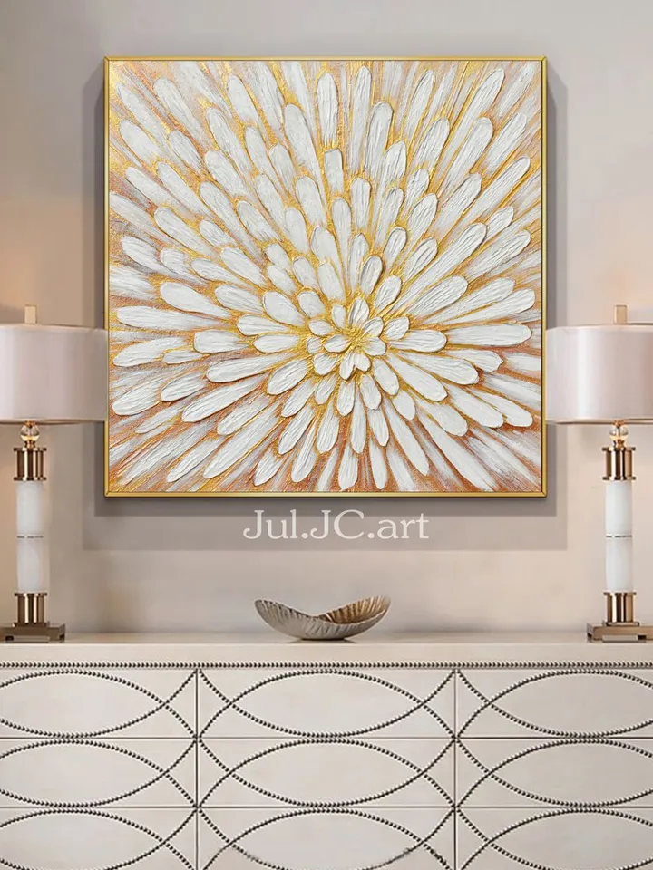 Gold and White Floral Wall Art Abstract Original Painting Textured artwork Modern wall decor