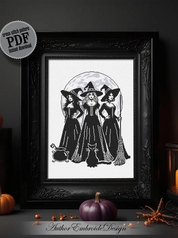 Halloween witches cross stitch pattern PDF download Witchy cross stitch chart, Witch pattern digital PDF, Full moon, Witch embroidery #H84