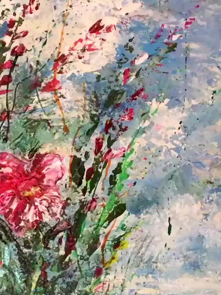 Abstract Flowers painting,flowers in the field on sunset landscape , original mix media acrylic painting on textured background.