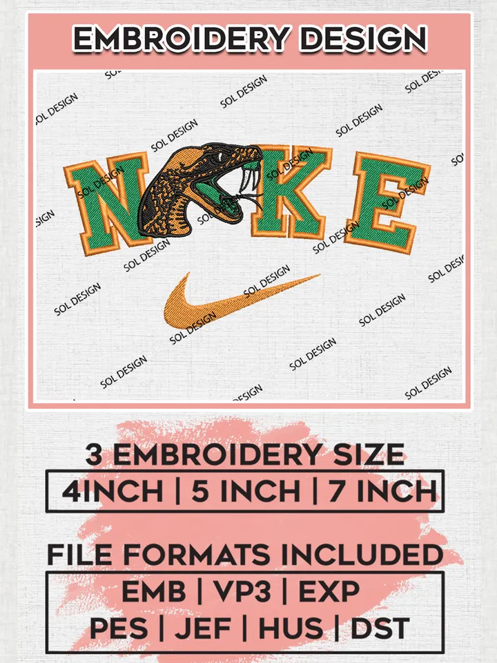 Nike Florida AM Rattlers Machine Embroidery Design, NCAA Florida AM Rattlers Embroidery Design files, NCAA Embroidery Designs, NCAA Machine Embroidery Designs, Digital Download