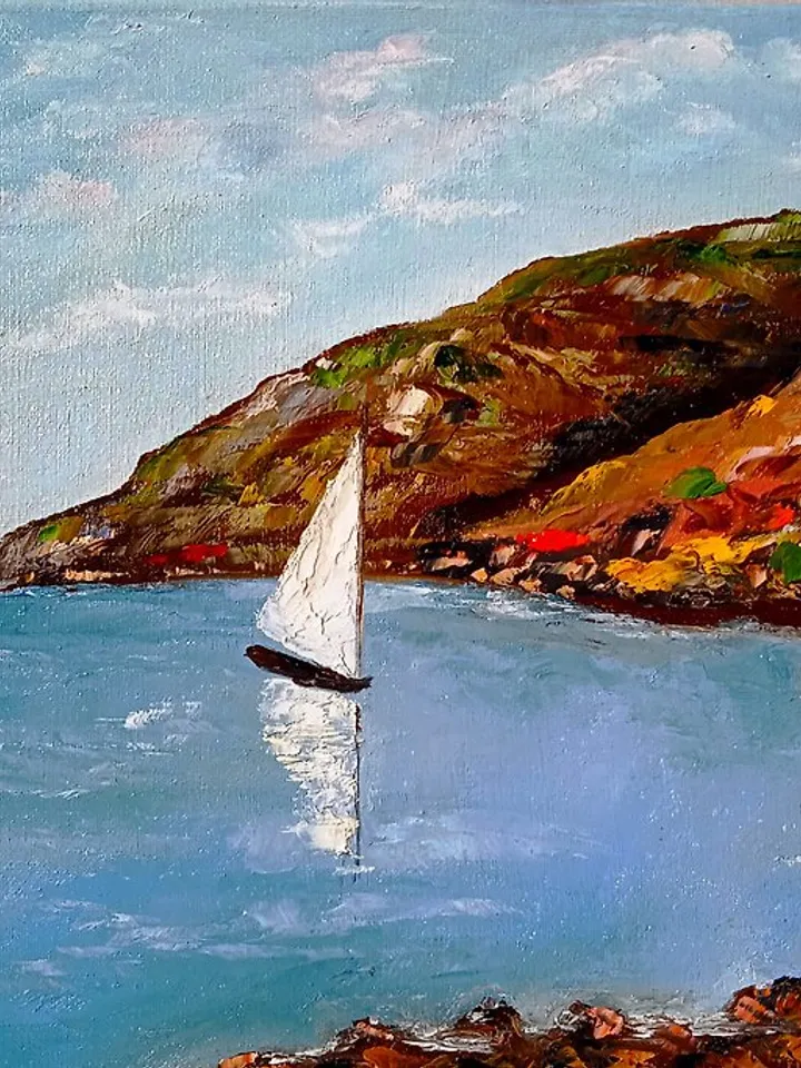 Landscape with sea White Sailboat Art Painting Original Painting on Canvas