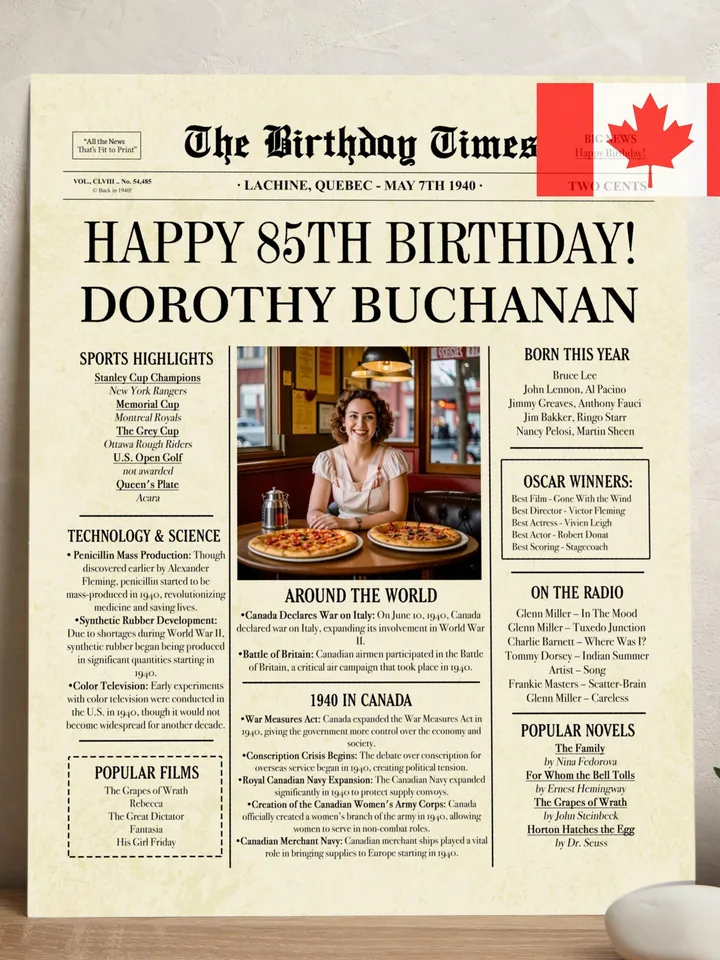 1940 birthday newspaper 85th printable poster canada 85th birthday gift back in 1940 birthday party decorations canadian fun facts