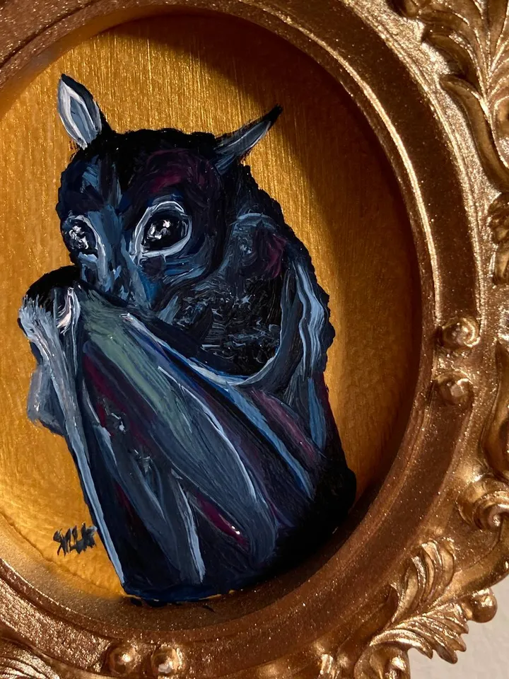 Bat Painting Original Framed Small Oil Painting Gold Frame