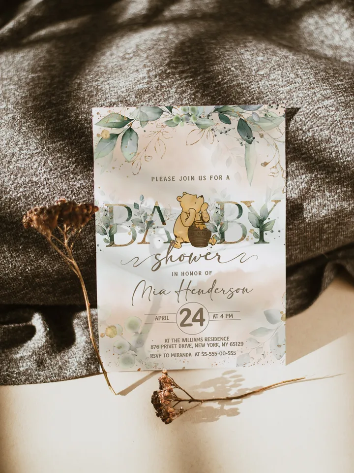 Classic Winnie Pooh Baby Shower Invitation; Neutral Baby Shower Template; Wizard Baby Shower Invite; Honey Bear Invite; Winnie Pooh wp4