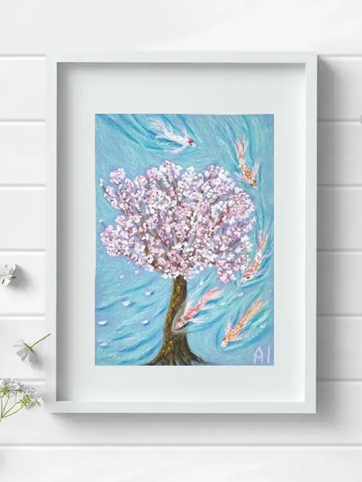 Pastel painting on paper Sakura and fish