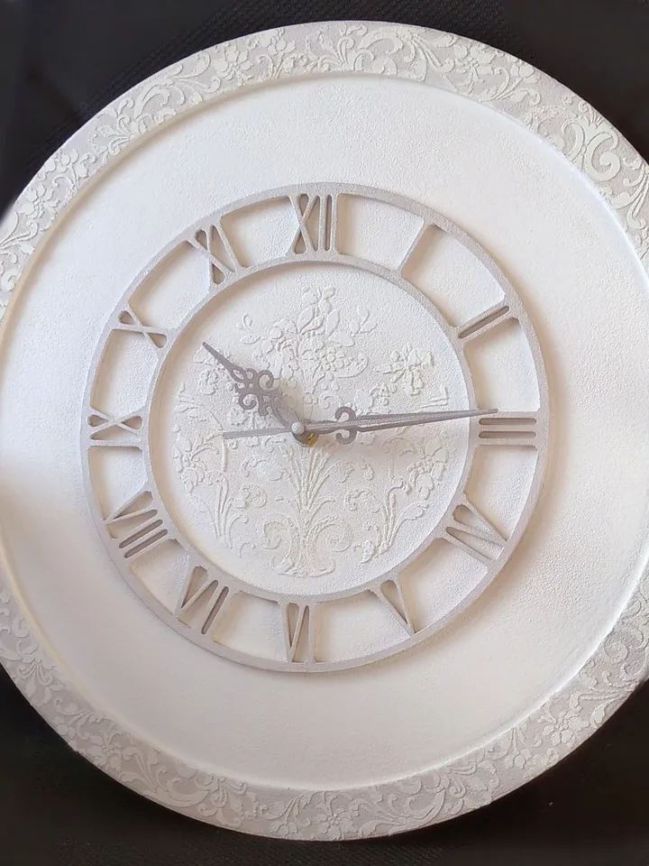 White round wall clock with grey frame and white ornament Silent clock for bedroom or nursery Gift for Christmas, Birthday, Mother's Day, Wedding, Housewarming