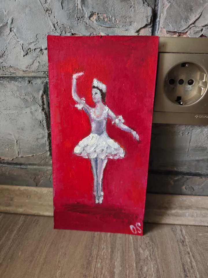Ballerina Original Painting Ballet Dancer Original Art Ballerina Red Modern Artwork Red Background Ballet Dancer Wall Decor Ballet Oil Painting 4x8 inches by OlgaSokolovaArt
