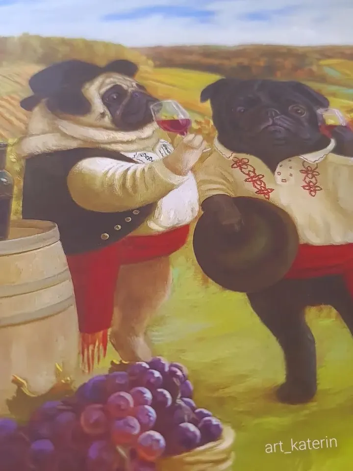print of oil painting Pugs in the vineyards