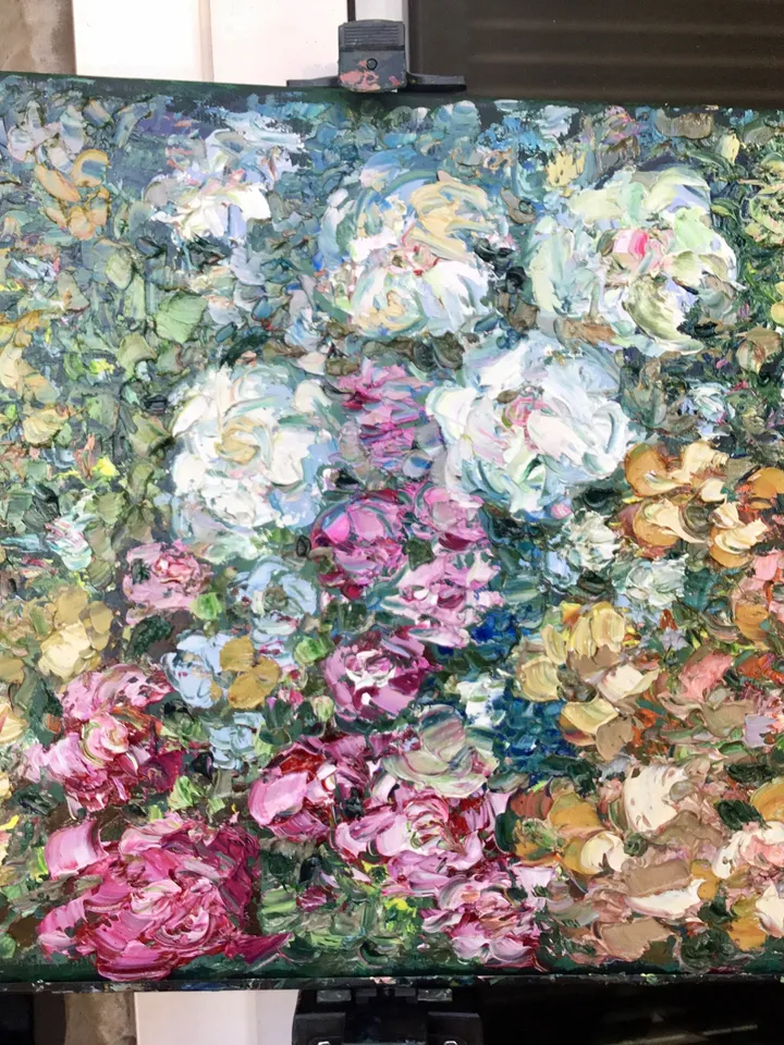 Flower garden,original oil impasto painting on canvas,floral landscape painting,pink white flowers painting on large canvas,wall decoration