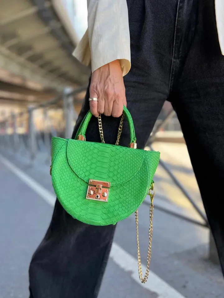 Genuine Python Skin Crosshandle Elegant Green Bag | Exotic Leather Bags | Designer Bags | Handmade Chain Crossbody Handle Women Classy Purse