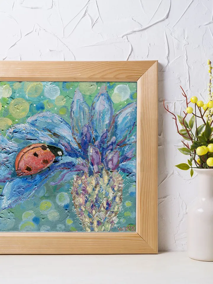 Painting flowers with a Ladybug oil on canvas