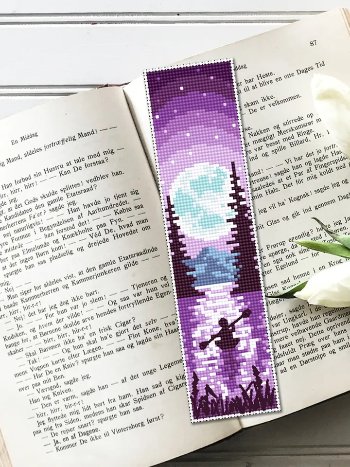 Purple bookmark cross stitch pattern download PDF Simple handmade bookmark, Nature landscape, Full moon cross stitch, Starry night sky #B121