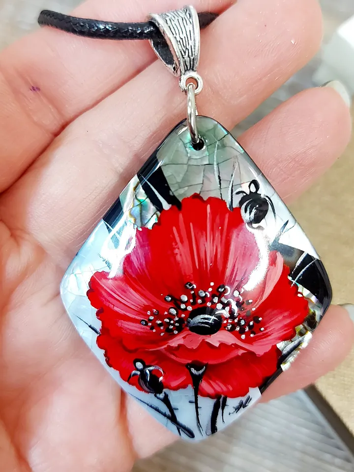 Pearl pendant necklace: Big red poppy flower on handmade necklace • Hand painted statement jewelry for dress • unique trendy floral necklace