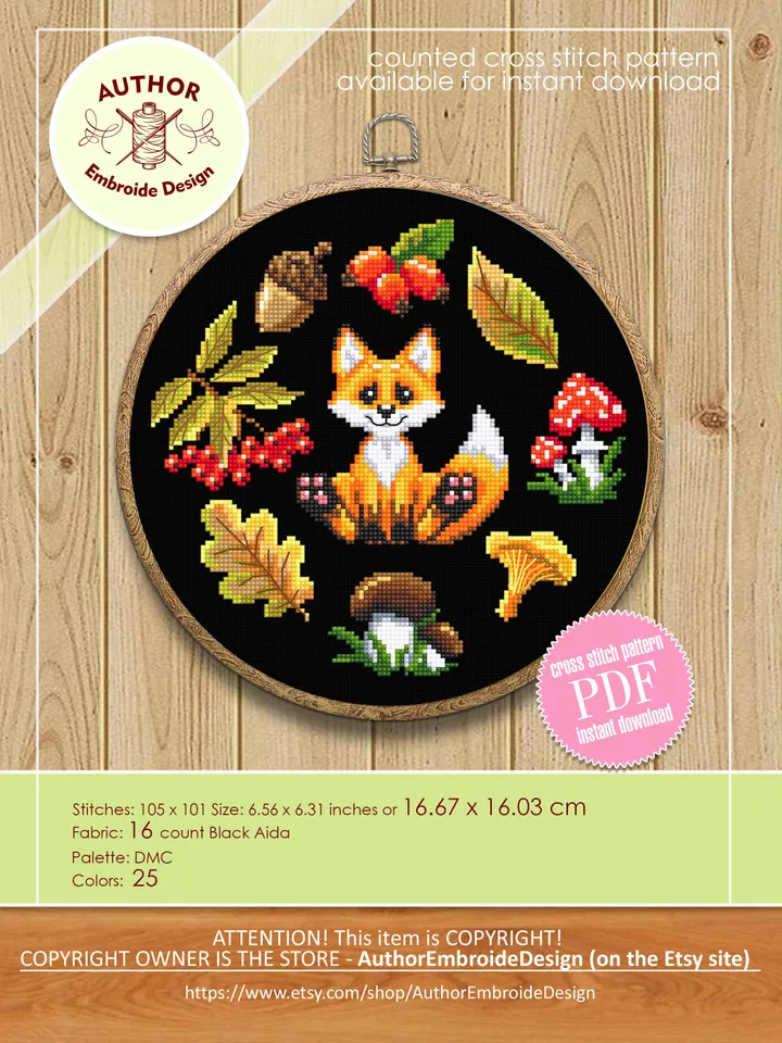 Cross stitch pattern cute little fox DMC chart printable PDF instant download Mushroom cross stitch Autumn embroidery beginners #K8