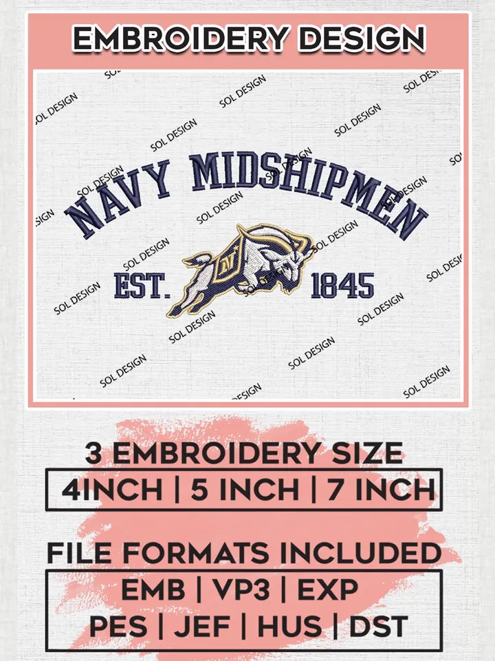 Navy Midshipmen Est 1845 Logo Embroidery Designs, NCAA Navy Midshipmen Team Embroidery, NCAA Team Logo, 3 sizes, Machine embroidery Files, Digital Download