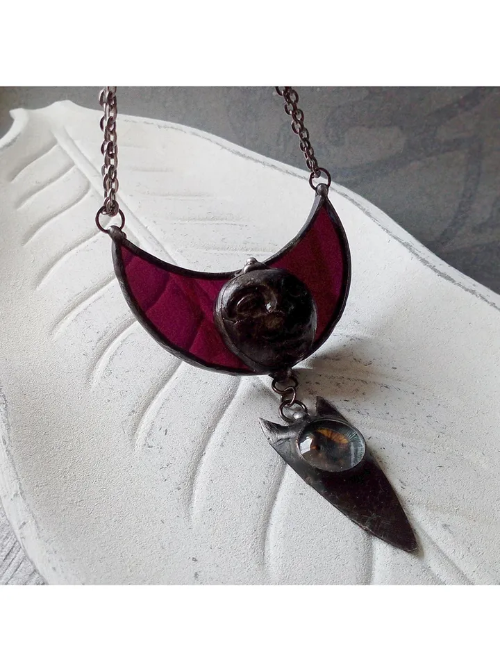 Moon crescent necklace, blood moon necklace, Moon Goddess, black Lilith, Halloween moon, witchy aesthetic, witch bat