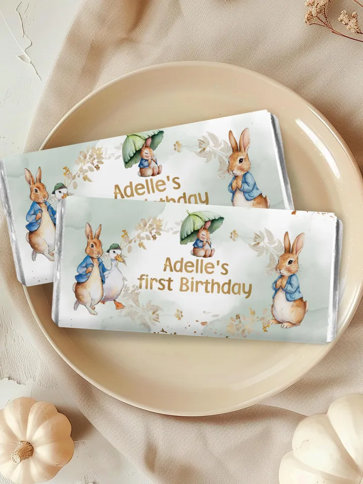 Editable Chocolate Bar wrap Label template for 1st Baby Birthday party in Peter Rabbit style instant download and unlimited access pr888