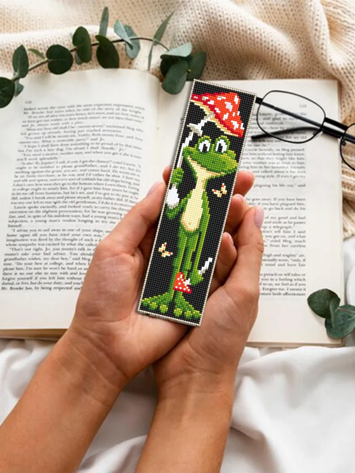Frog bookmark cross stitch pattern PDF download Mushroom frog cross stitch chart, Funny bookmark pattern digital PDF, Frog embroidery #B371