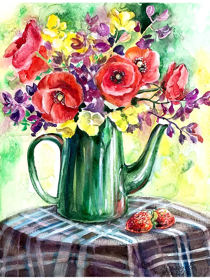Summer bouquet with poppies, watercolor painting
