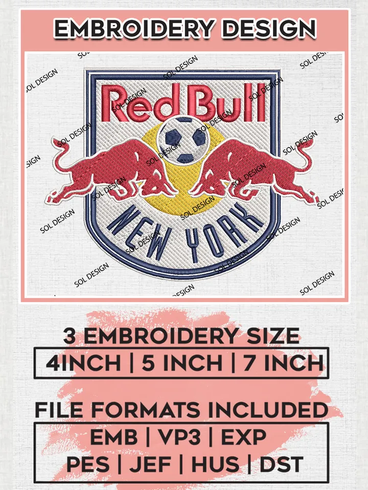 New York Red Bulls Embroidery Designs, MLS Embroidery files, New York Red Bullsl MLS Teams, Football, Digital Download