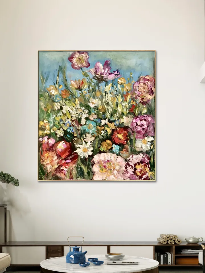 Colourful flowers original oil painting on unstretched canvas,field flowers painting,meadows painting,wild flowers wall art,flowers decor.