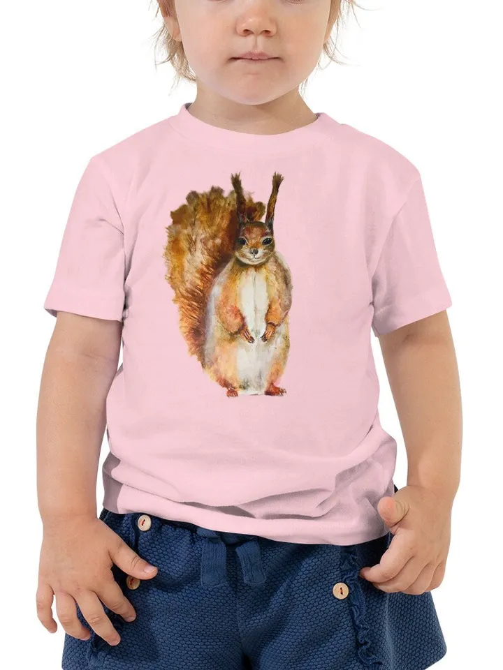Squirrel Toddler Short Sleeve Tee ,made with my original squirrel watercolor painting,unique handmade gift for children