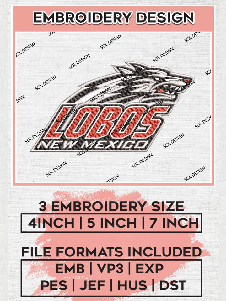 NCAA New Mexico Lobos Team Logo Embroidery Design Files, NCAA New Mexico Lobos Machine Embroidery, NCAA Teams, 3 sizes, NCAA Machine embroidery designs, Digital Download