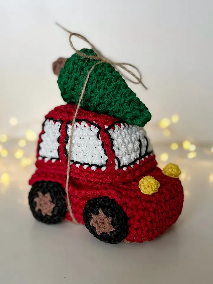Christmas car with tree, interior basket, crochet decor, gift ornaments, sweet storage
