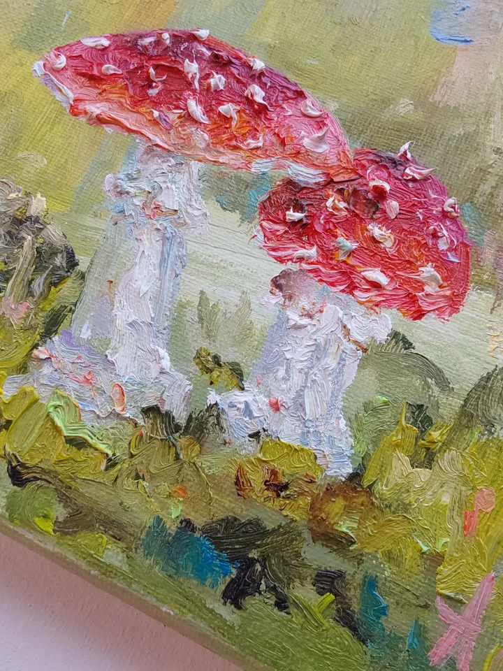 Oil painting on canvas "Mushrooms in the forest" 20x20cm (8x8inch)