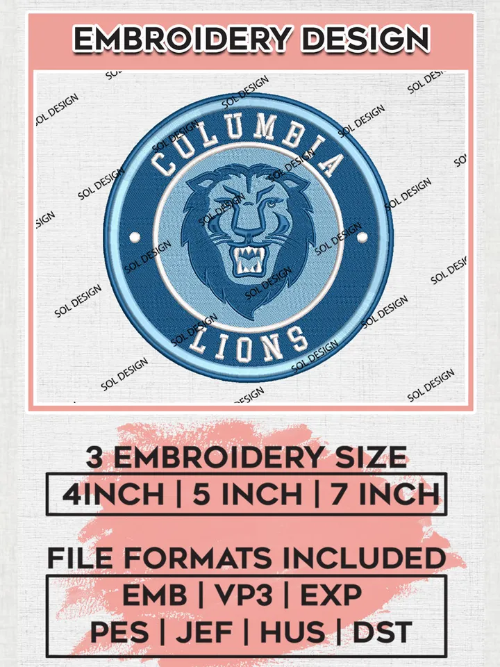 NCAA Columbia Lions Round Logo Embroidery, NCAA Columbia Lions Embroidery Design files, NCAA Teams, NCAA Machine embroidery designs, Digital Download