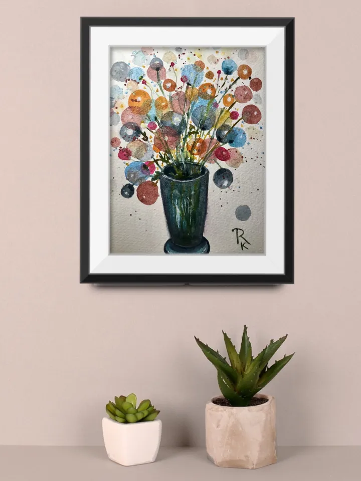 Fantasy Flowers in a vase original watercolor painting,floral fantasy wall art,small watercolor painting wall decoration,gift.