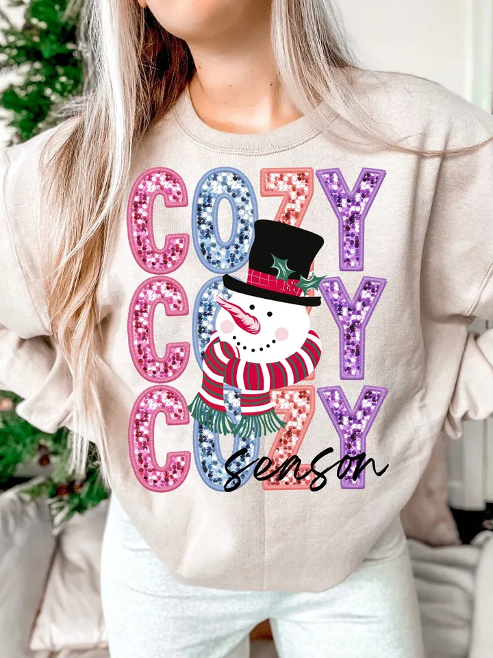 Cozy Season, Faux Embroidery, Sequin, Glitter, Christmas PNG, Christmas Design, Snowman | PNG Sublimation Design Digital Download, Trendy