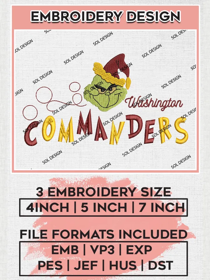 Christmas Grinch Washington Commanders Embroidery Designs, Grinch Embroidery Files, NFL Commanders Machine Embroidery Designs, NFL Washington Commanders Logo, NFL Christmas Machine Embroidery Design, Digital Download