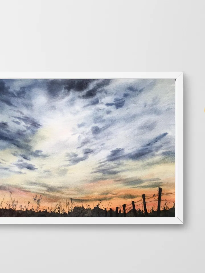 Sunset Original Painting Watercolor Landscape Sunrise Cloud Wall Art