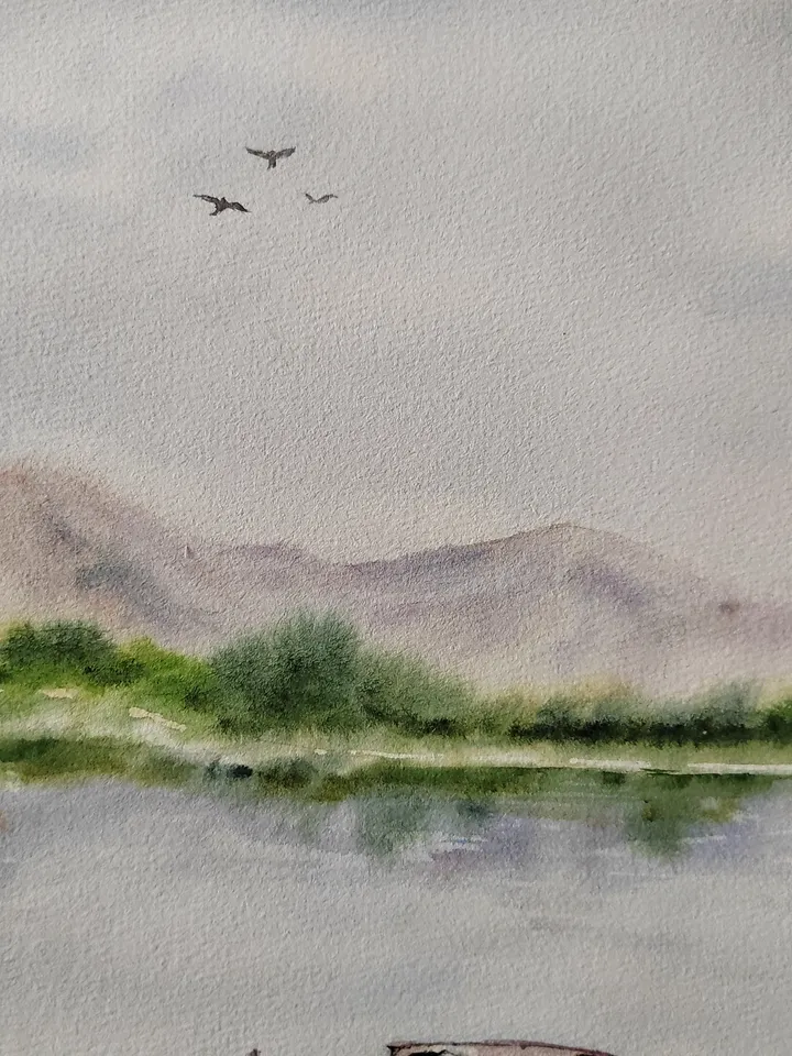 Original Watercolor Painting Water Landscape Art White Boat Artwork 30x40 cm by SoftWaves