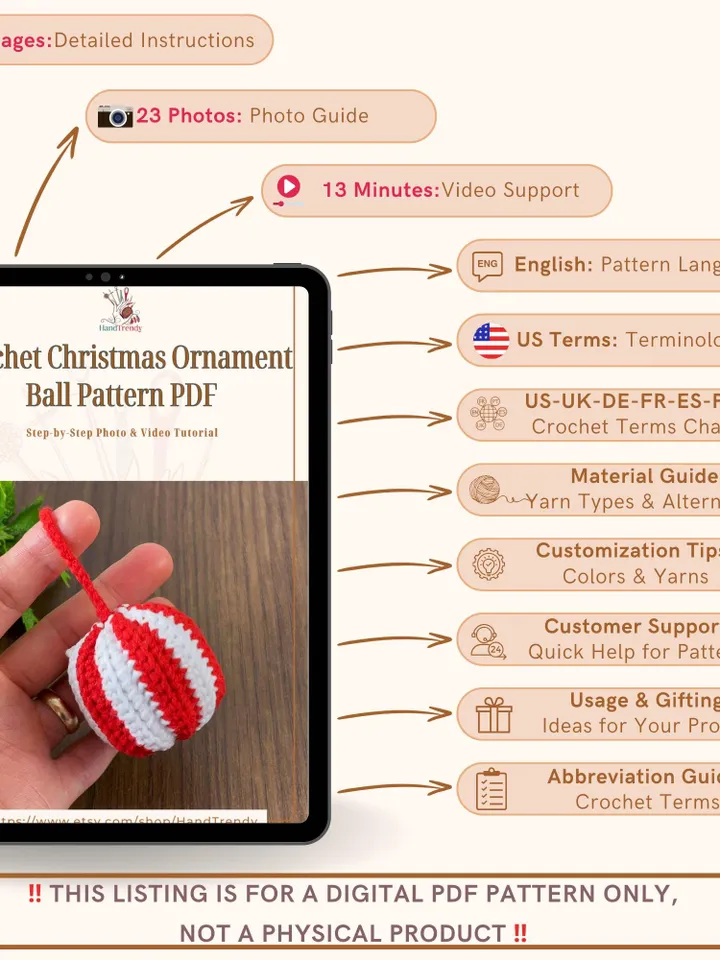 Crochet Christmas Ornament Ball Pattern PDF, Striped Holiday Bauble Tutorial, Easy DIY Christmas Decoration for Beginners